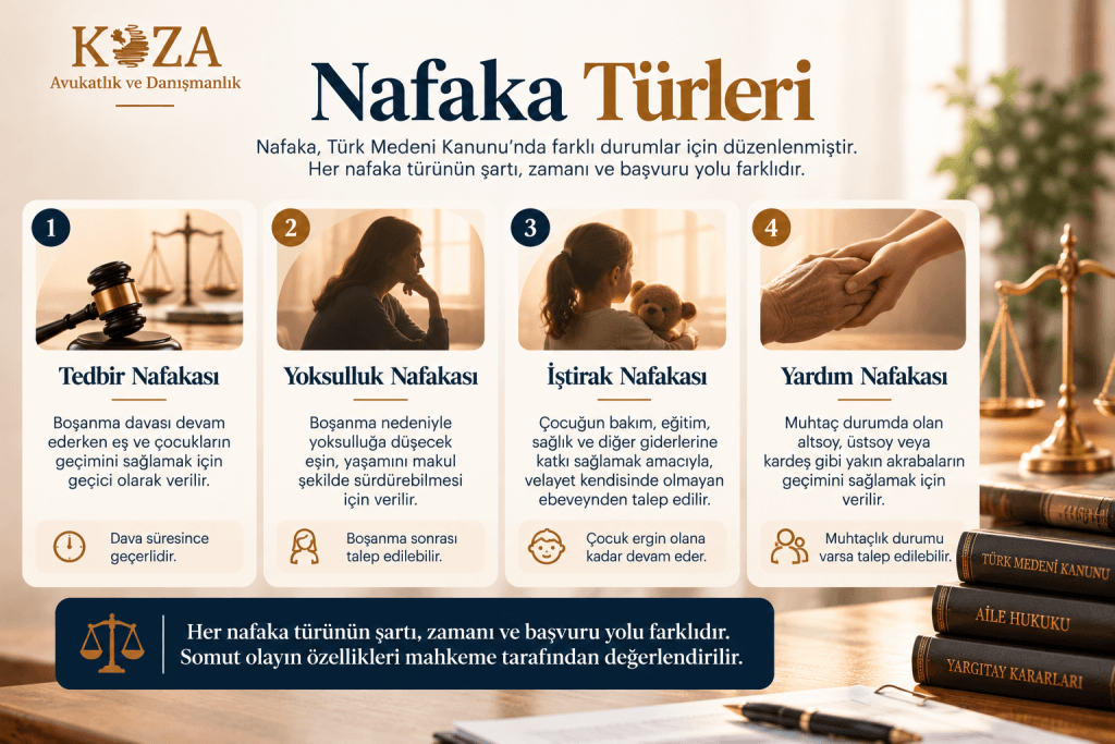 Nafaka türleri, tedbir nafakası, yoksulluk nafakası, iştirak nafakası ve yardım nafakası