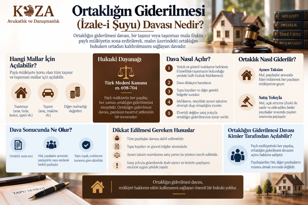 Ortaklığın Giderilmesi (İzale-i Şuyu) Davası Nedir? 2 Ortaklığın giderilmesi (izale-i şuyu) davası, aynen taksim, satış yoluyla paylaşım ve dava sürecini gösteren infografik
