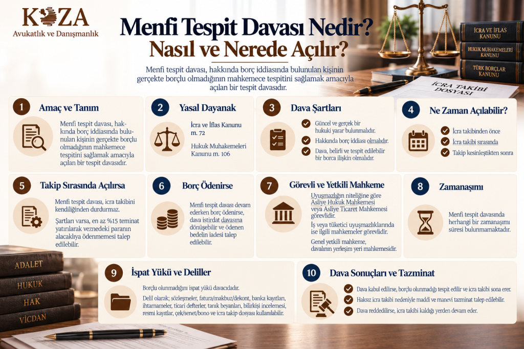 Menfi tespit davası, borçlu olunmadığının tespiti, icra takibi, dava şartları ve dava sürecini gösteren infografik