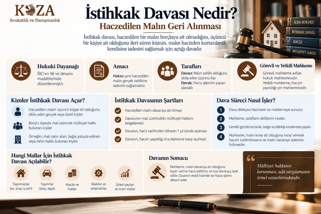 İstihkak davası nedir, haczedilen malın geri alınması, istihkak iddiası ve haczedilen malın mülkiyetinin ispatını gösteren infografik