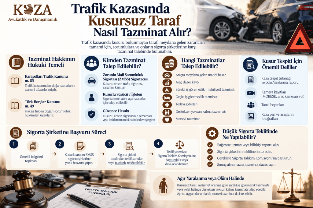Trafik kazasında kusursuz tarafın tazminat alması, tazminat kalemleri, sigorta başvurusu ve kusur tespiti sürecini gösteren infografik