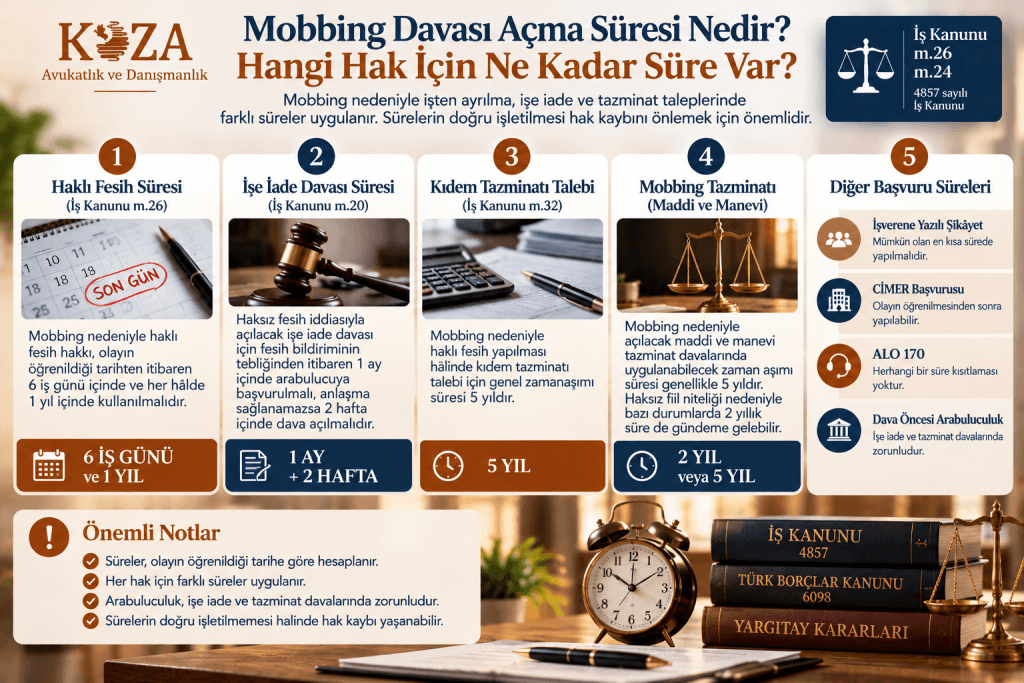 Mobbing davası açma süresi, haklı fesihte 6 iş günü ve 1 yıl