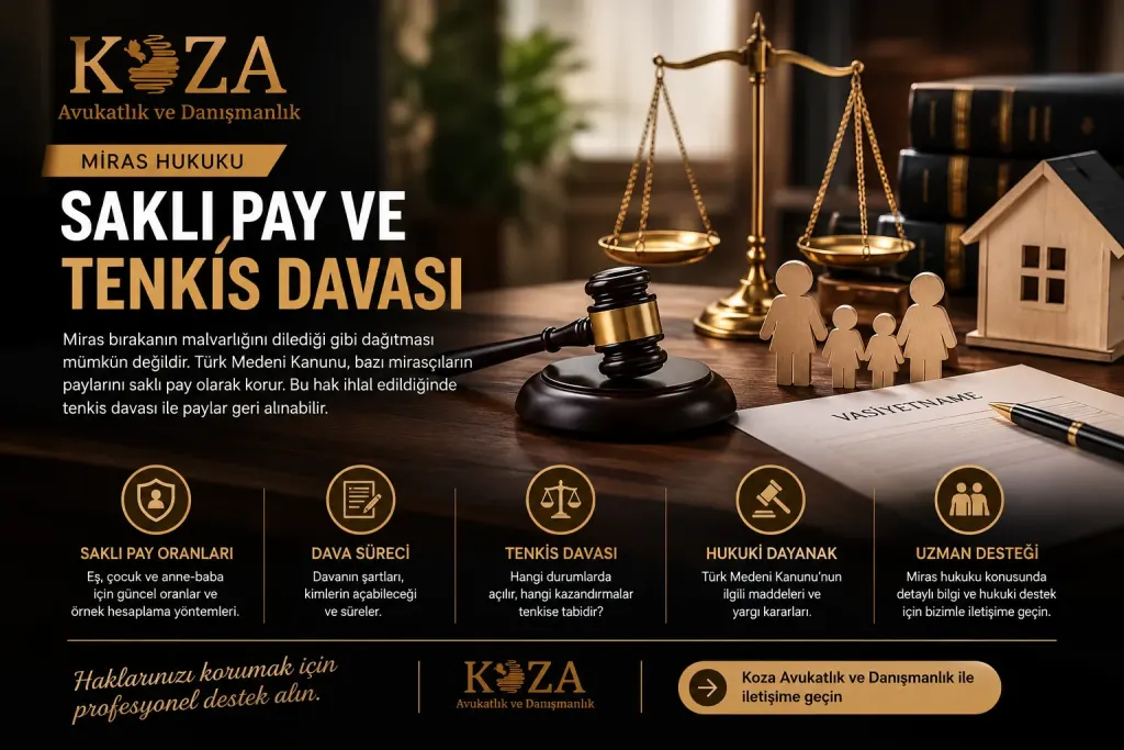 Saklı pay ve tenkis davası infografiği: saklı pay oranları, dava süreci, tenkise tabi kazandırmalar ve hukuki dayanaklar